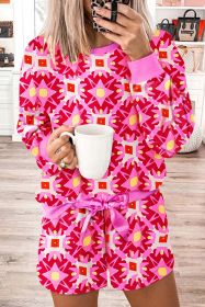 Sachet Pink Geometric Print Long Sleeve Pullover and shorts Set (size: (US 8-10)M)
