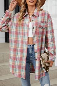 Pink Casual Plaid Print Pocket Button Shirt (size: (US 12-14)L)