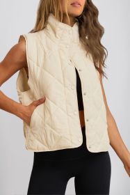 Beige Quilted High Neck Button Up Pocket Vest Coat (size: (US 20-22)2XL)