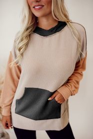 Smoke Gray Color Block Kangaroo Pocket Ribbed High Low Hoodie (size: (US 20-22)2XL)