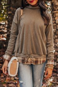 Breen Plaid Patchwork Knotted Hem High Neck Top (size: (US 12-14)L)