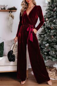 Burgundy Velvet Pocketed Cut Out Back Wide Leg Jumpsuit (size: (US 8-10)M)