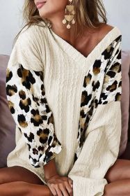 Beige V Neck Leopard Colorblock Patchwork Long Sleeve Top (size: (US 12-14)L)