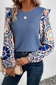 Ashleigh Blue Ruffle Floral Sleeve Patchwork Waffle Top (size: (US 8-10)M)