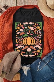 Black Abstract Pumpkin Graphic Crewneck Thanksgiving T Shirt (size: (US 12-14)L)