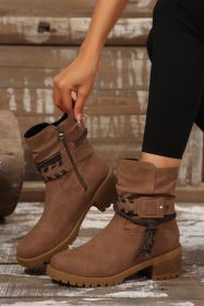 Chestnut Suede Woven Lace-up Strap Side Zip Boots (size: (US 6)37)