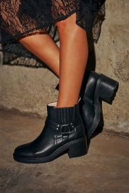 Black Pintuck Side Zipper Faux Leather Chunky Heel Ankle Boots (size: (US 6)37)