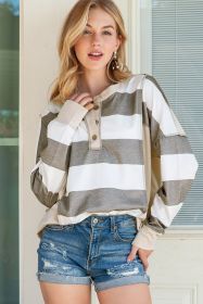 Multicolor Stripes Print Exposed Seam Long Sleeve Henley Shirt (size: (US 8-10)M)