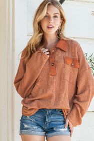 Brown Waffle Knit Button Contrast Trim Long Sleeve Top (size: (US 24-26)3XL)