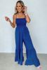 Navy Blue Spaghetti Straps Smocked Ruffled Wide Leg Jumpsuit