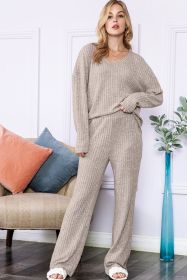 Khaki Slouchy Ribbed Knit V Neck Top & Pants Loungewear Set (size: (US 8-10)M)