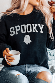 Black SPOOKY Ghost Glitter Pattern Crew Neck Halloween Sweatshirt (size: (US 20-22)2XL)