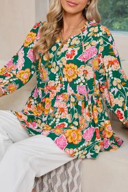 Green Floral Print V Neck Boho Babydoll Top (size: (US 12-14)L)