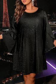 Black Bell Sleeve Shiny Plus Size Mini Dress (size: (US 18W-20W)2X)
