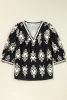 Black Ethnic Abstract Print Puff Sleeve V Neck Blouse