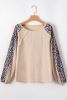 Beige Waffle Knit Leopard Print Pullover Long Sleeve Top
