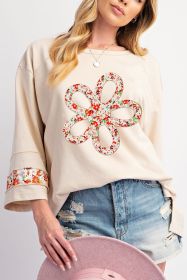 Beige Flower Exposed Seam Patchwork Loose Top (size: (US 12-14)L)