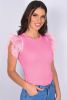 Strawberry Pink Layered Ruffle Shoulder Ribbed T Shirt