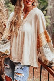 Jet Stream Palm Leaves Polka Dot Patchwork V Neck Loose Top (size: (US24-26)3XL)