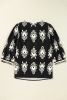 Black Ethnic Abstract Print Puff Sleeve V Neck Blouse