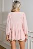 Light Pink Textured Lace Up V Neck Tiered Flowy Blouse