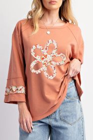 Grapefruit Orange Flower Exposed Seam Patchwork Loose Top (size: (US 12-14)L)