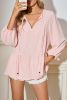 Light Pink Textured Lace Up V Neck Tiered Flowy Blouse