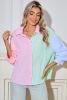 Pink Stripe Color Block Balloon Sleeve Button Loose Fit Shirt