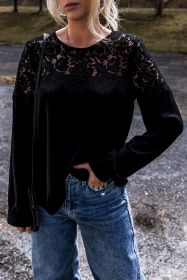 Black Lace Crochet Patchwork O Neck Top (size: (US 12-14)L)