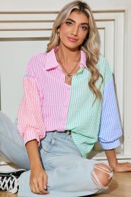 Pink Stripe Color Block Balloon Sleeve Button Loose Fit Shirt (size: (US 8-10)M)