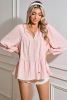 Light Pink Textured Lace Up V Neck Tiered Flowy Blouse