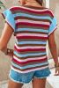 Multicolour Striped V Neck Ruffle Short Sleeve Knitted Top
