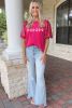 Rose Red Bow Tie Graphic Sequin Contrast Sleeve T Shirt