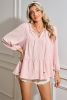 Light Pink Textured Lace Up V Neck Tiered Flowy Blouse