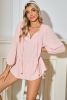 Light Pink Textured Lace Up V Neck Tiered Flowy Blouse