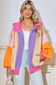 Grapefruit Orange Oversized Colorblock Patchwork Full Zipped Hoodie (size: (US 8-10)M)