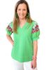 Green Leopard Embroidered Sleeve Textured Blouse