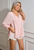 Light Pink Textured Lace Up V Neck Tiered Flowy Blouse
