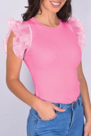 Strawberry Pink Layered Ruffle Shoulder Ribbed T Shirt (size: (US 8-10)M)