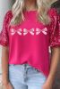 Rose Red Bow Tie Graphic Sequin Contrast Sleeve T Shirt