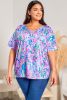 Sky Blue Plus Size Plant Print V Neck T-shirt