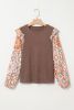 Coffee Ruffle Floral Sleeve Patchwork Waffle Top