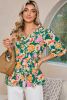 Green Floral Print V Neck Boho Babydoll Top