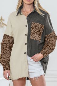Gray Color Block Leopard Patchwork Casual Corduroy Shacket (size: (US 18-20)2XL)