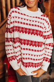 White Geometric Patterned Crew Neck Loose Sweater (size: (US 12-14)L)