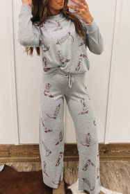 Brown Boots Print Long Sleeve Top and Drawstring Pants Pajama Set (size: (US 12-14)L)
