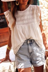 White Ruffled Lace Splicing Flowy Crewneck Sleeveless Shirt (size: (US 12-14)L)