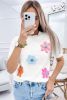 White 60s Vintage Flower Pattern Knitted Top
