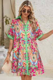 Orange Geometric Print Contrast Trim Short Sleeve Shirt Dress (size: (US 8-10)M)