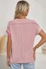 Pink Crinkle Rib Textured Colorblock Round Neck T Shirt